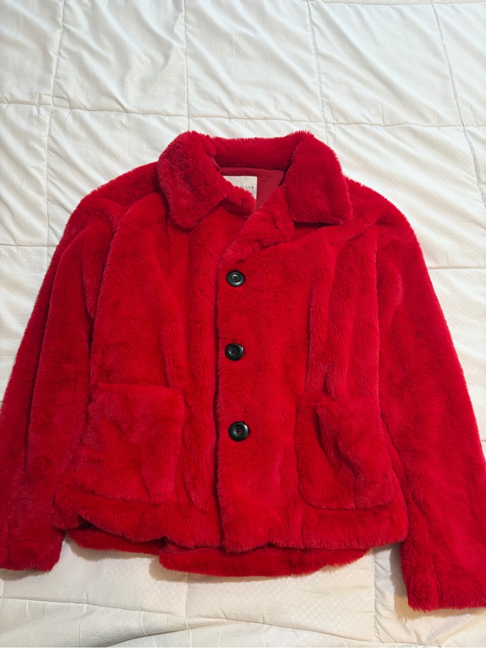 Paper Crane Bright Red Faux Fur Pea Coat for Women